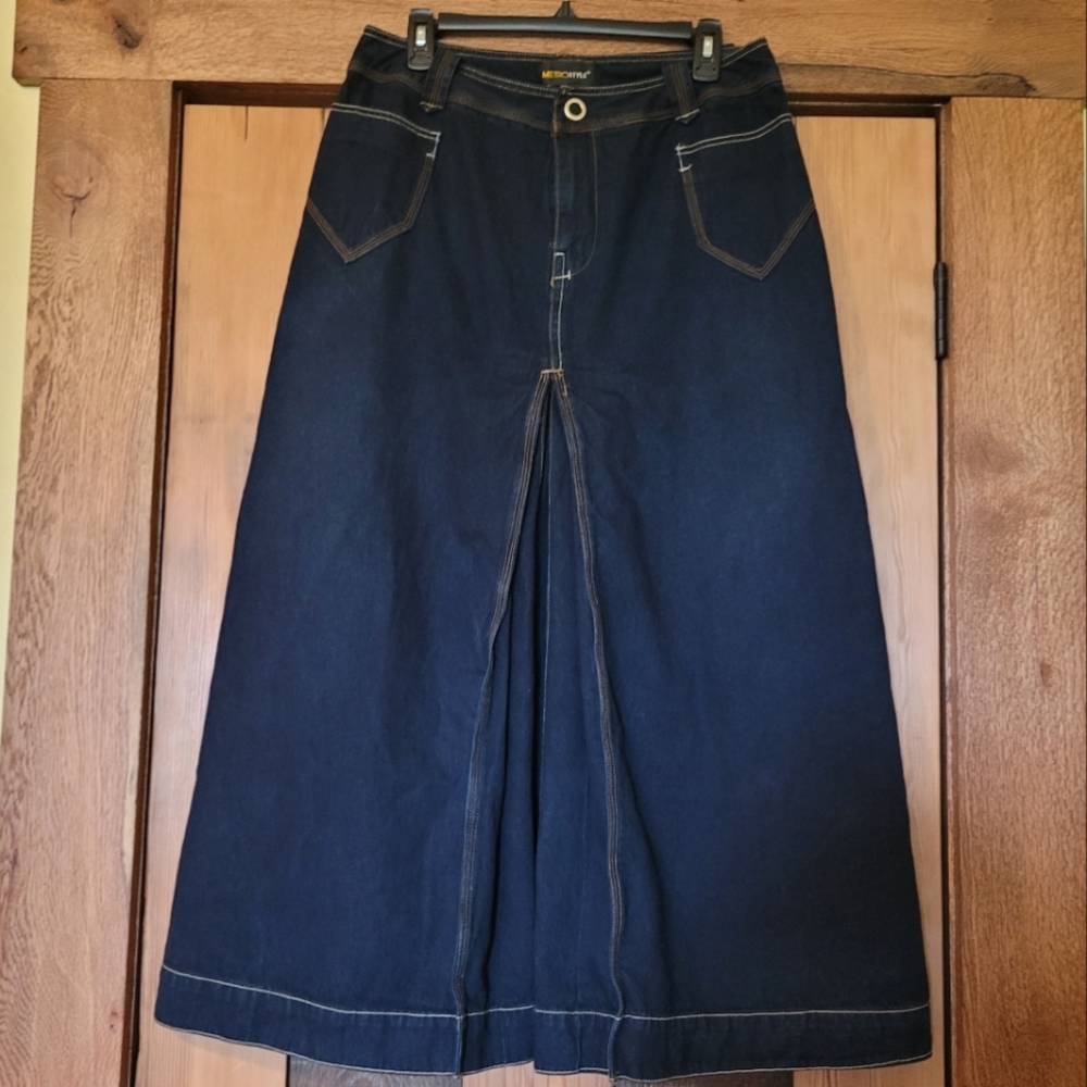 Metro Style Long Full Dark Blue Western Country Pleated Modest Denim Skirt Sz 12